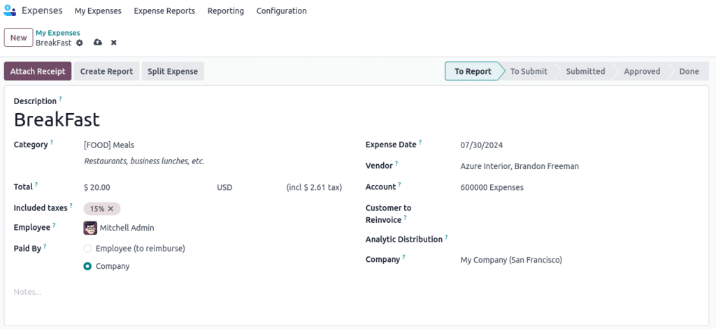 odoo18 supplier on expence report
