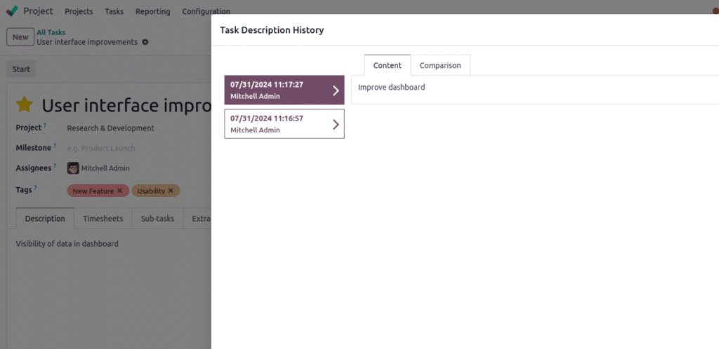 odoo18 Task history